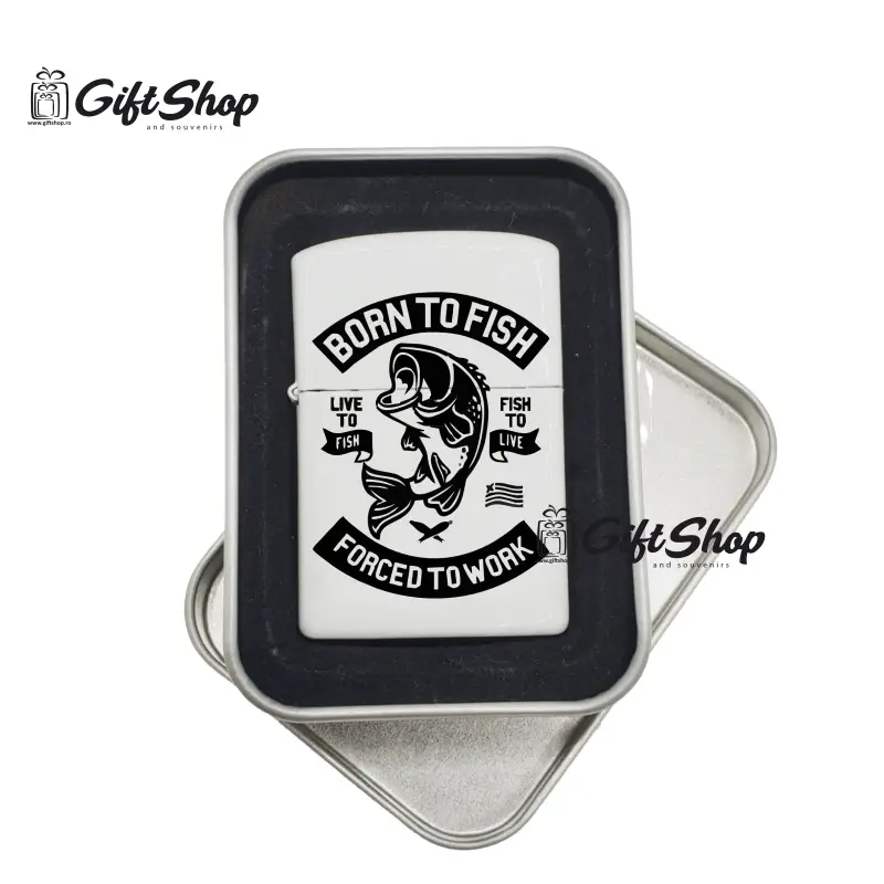 Born to fish forced to work, bricheta metalica gravata laser cu mesajv